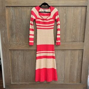 Elegant Striped Long Sleeve Sweater Dress in Coral and Cream